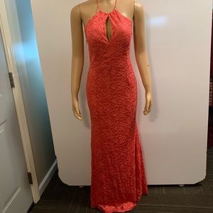 Women junior orange pink lace sequins halter bodycon mermaid maxi dress size XL